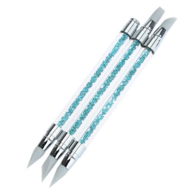 China Professional 3PCS Nail Art Set Sky Blue Crystal Acrylic Handle Silicone Gel Nail Flower Pen for sale