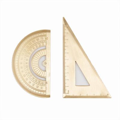 China Creative Gold Metal Ruler Stationery Triangle Ruler Set Semicircle Brass Protractor for sale