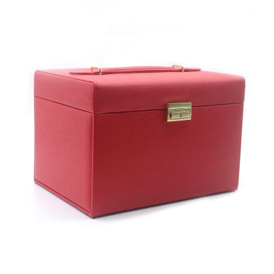 China Newest Red Large Luxury PU Leather Ring Earring necklace Jewelry Box Mirror Drawer Big Jewellery Storage Case for Gift for sale