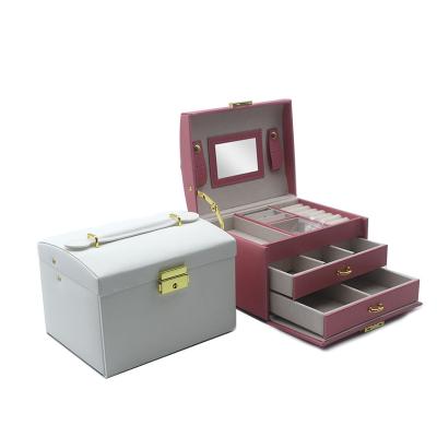 China Newest Low MOQ Custom Logo Leather Large Multi-layer Jewelry Storage Box crossing Leather children Jewelry Box with Lock for sale