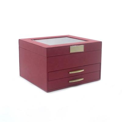 China Newest Wholesale Leather Storage Jewellery Organizer Case Portable 3 Layers Jewelry Box With Window for sale