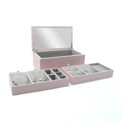 China Newest Women Girls Leather Jewelry Storage Box Rectangle 3 Layers Trays Full Mirror Organizer Jewelry Box for sale