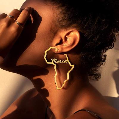 China Large Size African Earrings Cuff 18K Gold Plated Custom Trendy Fashion Stainless Steel Jewelry Earrings Huggies Circles Africa Map for sale