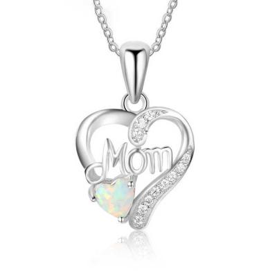 China Europe and America Hot Sale MOM Letter Heart Shape Pendant Necklace Charm For Jewelry Making Mothers Day Charm 925 Silver Opal Pendant Necklace for sale