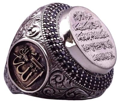 China Wholesale Anti Tarnish Font Arabic Rings Vintage Design Hand Jewelry Saudi Black Zircon Ring Silver Plated Islamic For Men Zinc Alloy 10pcs for sale