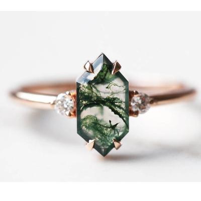 China Nickel-Free Lead-Free/100% natural Capucinne Customize Large 925 Sterling Silver Hexagon Moss Agate Engagement Rings Women's Fine Jewelry for sale