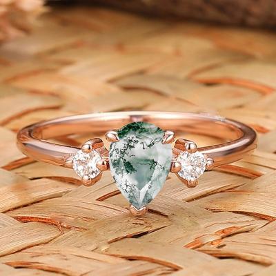 China Nickel-Free Lead-Free/100% natural 14k Rose Gold Plated Unique Designs Green Moss Agate Engagement Ring Pear Cut 925 Sterling Silver Three Stone Moss Agate Ring for sale