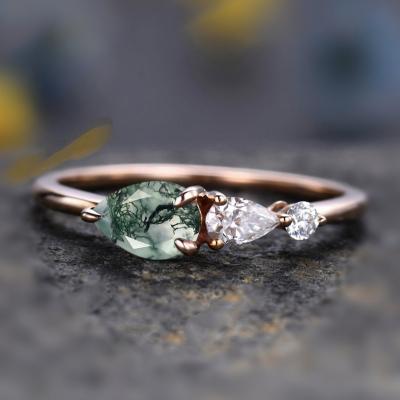 China Nickel-Free Lead-Free/100% natural Vintage Natural Moss Agate Engagement Ring Pear Gems Teardrop cz Wedding Band Three Stone Women East West Bridal Minimalist Ring for sale