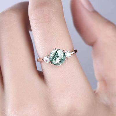 China Nickel-Free Lead-Free/100% natural 6mm Round Natural Moss Agate Engagement Wedding Ring 925 Silver Custom Promise Rng Three Stone Green Moss Agate RIng For Wo for sale