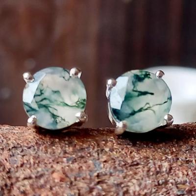 China Nickel-Free Lead-Free/100% natural Unique Green Moss Agate Birthstone Wedding Jewelry 1.5ct Round Cut Moss Agate Stud Dainty Earring Anniversary for sale