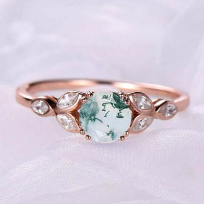 China Nickel-Free Lead-Free/100% natural 925 Sterling Silver 14k Rose Gold Marquise Leaf CZ Diamond Faceted Moss Agate Wedding Band Ring Sized Bridal Women Anniversary for sale