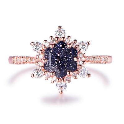 China Nickel-Free Lead-Free/handmade natural stone Custom Fine Jewelry Handmade Hexagon Blue Sandstone Floral Cz Diamond Halo Engagement Ring 14K Rose Gold Natural Gemstone Ring for sale