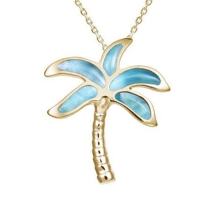 China Nickel-Free Lead-Free/handmade natural stone Beautiful 14k Yellow Gold Plated Genuine Larimar Beach Jewelry Solid Sterling Silver Palm Tree Larimar Inlay Pendant for sale