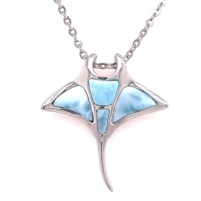 China Nickel-Free Lead-Free/handmade natural stone Custom 925 Silver Save Ocean Animals Jewelry Beautiful Hawaiian Natural Larimar Manta Ray Pendant Necklace for sale