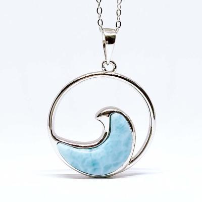 China Nickel-Free Lead-Free/handmade natural stone Unique Hawaiian Genuine Larimar Ocean Wave Necklace Sterling Silver Natural Larimar Ocean Wave Pendant Charm for sale