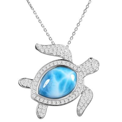 China Nickel-Free Lead-Free/handmade natural stone Swimming Turtle Larimar Pendant 925 Sterling Silver Larimar Hawaiian honu Sea Turtle Cz Slide Larimar Pendant Beach Jewelry for sale