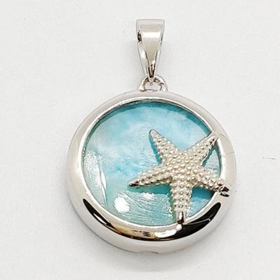 China Nickel-Free Lead-Free/handmade natural stone Sterling Silver Bezel Set Blue Larimar Necklace Natural Gemstone Star Fish Circle Pendant Necklace for sale