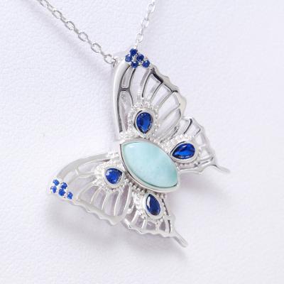 China Nickel-Free Lead-Free/handmade natural stone Hawaii Animal Designs Butterfly Larimar Gemstone Necklace Sterling Silver Natural Larimar Pendant For Women Jewelry for sale