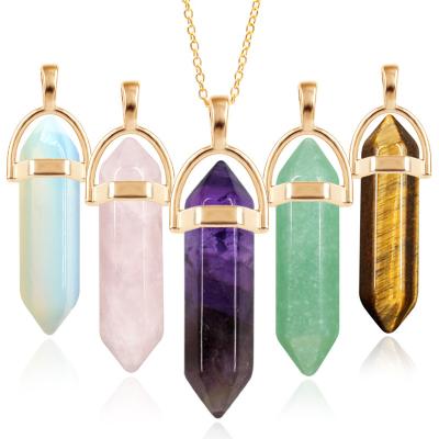 China Nickel-Free Lead-Free/handmade natural stone High Quality 14k Gold Filled Hexagonal Glass Crystal Point Pendant Necklace Natural Bullet Stone Pendant For Making Jewelry for sale