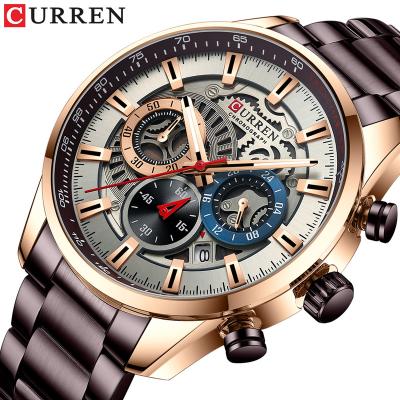 China CURREN 8391 Brown Date Automatic Mens Skeleton Dial Quartz Watch Waterproof Wrist Watch Stainless Steel Men's Skeleton Watch for sale