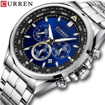 China CURREN 8399 Automatic Date Business Multifunctional Men's Watch Silver Blue Dial Waterproof Analog Quartz Watches Stainless Steel for sale