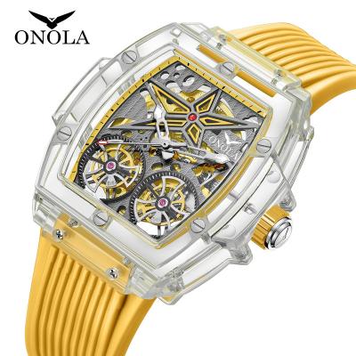 China Luxury Mechanical Watch Silicone Water Resistant ONOLA 6828 Transparent Skeleton Automatic Watches For Men for sale