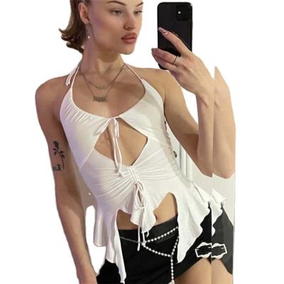 China Summer Trendy Fashionable Clothes QUICK DRY Eye-Catching Tie-Wrap Cavity Solid Halter Camisoles Ruched Urban Clothing for sale