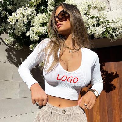 China M21TP409 Custom Woemn Logo Breathable Tee Shirt Bottom Crop Top Cut Out Casual White Long Sleeve Blouse for sale