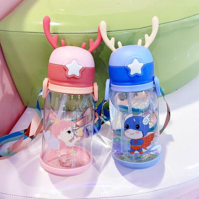 China 2024 new kids girls boys kawaii viable creative portable pba free plastic straw water bottle 700ml with strap for sale