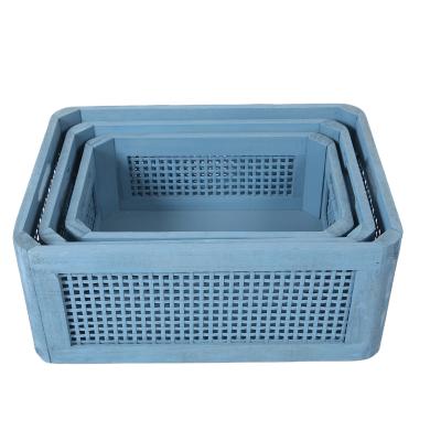 China Jialan Factory Outlet Breathable Blue Woven Plaid Storage Stocked Wooden Basket for sale