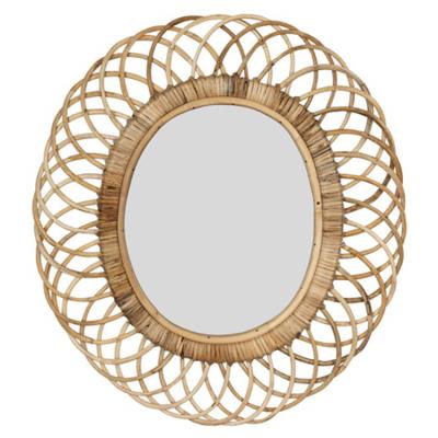 China Jialan Stocked Hanging Sun Reflects Home Decor Brown Oval Handmade Woven Bamboo Wicker Wall Mirror for sale