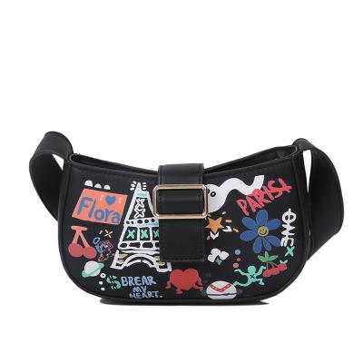 China Fashionable cartoon doodle cardboard printed graffiti ladies PU leather ladies handbag women shoulder zipper bag for sale