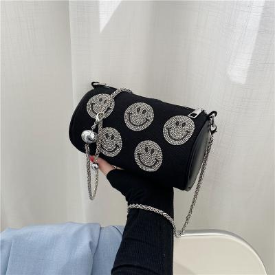 China 2021 new arrivals rhinestone bags canvas shoulder bag new arrivals smiling rhinestone women bucket chain bag for sale