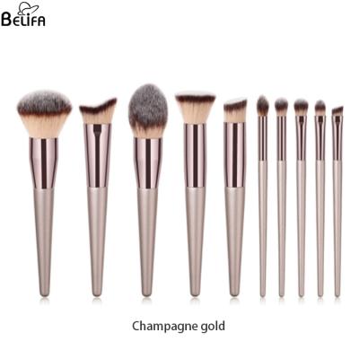 中国 Belifa high quality custom logo vegan synthetic hair champagne wood handle 10 piece pcs professional beauty makeup brush set 販売のため