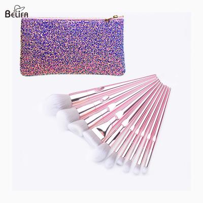 China Belifa 10 pcs glitter Rose Gold makeup brush set natural hair makeup foundation brush set for sale