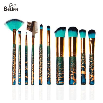 China Belifa 2019 new product green crack lacquer wooden handle 10 pieces custom logo makeup brush powder brush make set up en venta