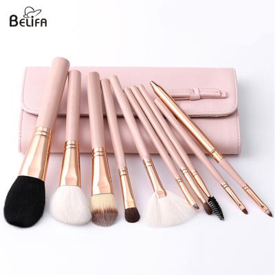 China Belifa Merrishow Nylon Hair Wood Handle 10 piece Gold makeup brush set animal hair yiwu quality brush with PU BAG for sale