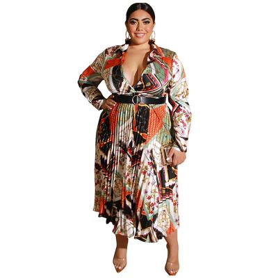 China Sustainable Fashion Printed Mature Women Pleated Long Skirt Plus Size Women's Dresses With Belt for sale