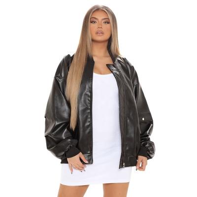 China Wholesale Anti Shrink Crew Neck Ribbed Women Puffy Oversized Faux Leather Jacket Bomber Trim Sleeve Leather Coat for sale