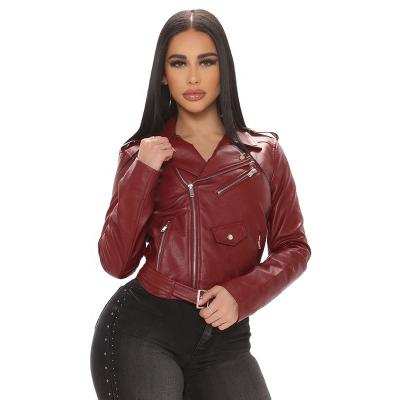 China Custom slim fit sexy motorcycle zipper metal PU leather jacket anti-shrink wine red for ladies spring autumn coat for sale