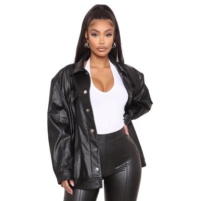 China Custom Vintage Oversize Chest Snap Fastener Metal Leather Jacket Women Black Winter Pockets Anti-Shrink Packing Jacket for sale