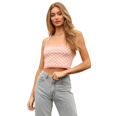 China 2021 Fashion Wholesale Trend Anti-shrink Knitted Pink White Checkerboard Cropped Top Women Sexy Tank Top for sale