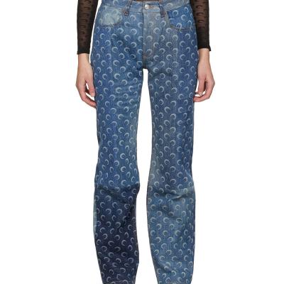 China Blue Breathable Custom Logo All Over Moon Printed Non Leg Stretch Women Straight Jeans for sale