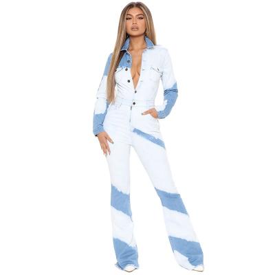 China Breathable Light Weight Stretch Functional Pockets Wash Long Sleeve Wide Leg Tie Dye Denim Overalls for sale