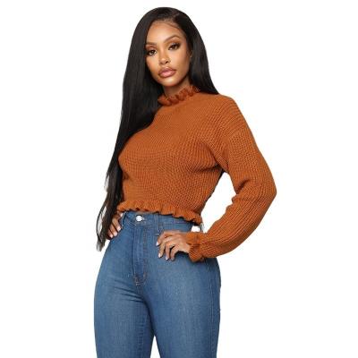 China Sexy Cropped Sweater Wholesale Price Lettuce Edge Turtle Neck Sleeve Anti-Shrink Long Plus Size Mocha Sweater for sale