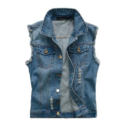 China Viable Mens Denim Jacket Jean Vest Cotton Blend Softener Fabric OEM Distressed Logo for sale