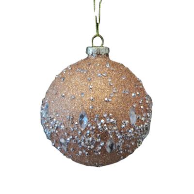 China Hand Painted Christmas Tree Decoration 10cm Champagne Gold Christmas Glass Ball With Glitter for sale