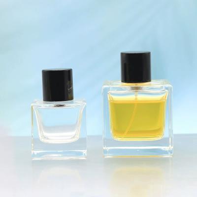 China 50ML 100ml Cosmetic Supplier Square Bottle Perfume Bottle Clear Press Perfume Spout for sale