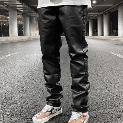 China Breathable Wholesale Custom Design Mens Black Waxed Denim Pants Mens Stacked Waxed Jeans for sale