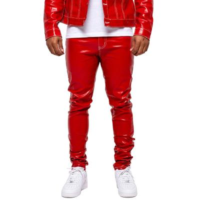 China Red Waxed Black Waxed Jeans Mens Breathable Custom Red Stacked Waxed Jeans Printing And Embroidery Pants for sale